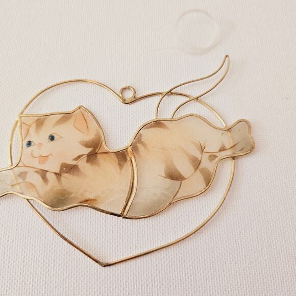 Cat Jumping Through a Heart Sun Catcher Capiz Shell Hand Painted Gold Hardware - Picture 3 of 5
